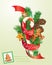 Card with xmas gingerbread, candy and fir-tree branches.