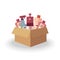 Cardboard box with bottles of detergents and sprays for cleaning office, house, restaurant, hotel