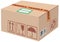 Cardboard box carton container closed parcel box package with handling packing icons text stickers bar code. Illustration isolated