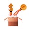 Cardboard box dollar rocket and clouds isolated icon