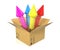 Cardboard box with festive rockets inside isolated