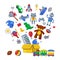 Cardboard Box Full of Colorful Toys, Various Colorful Objects for Kids Development and Entertainment, Children Toys