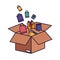 Cardboard box with gifts falling