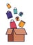 Cardboard box with gifts falling isolated icon