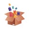 Cardboard box with gifts falling isolated icon