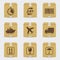 Cardboard box icons with logistic signs isolated