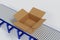 Cardboard box parcel on conveyor belt, production ling automated machine, 3D rendering