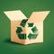 Cardboard box with recycling emblem on green backdrop, sustainable