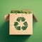 Cardboard box with recycling emblem on green backdrop, sustainable