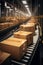 Cardboard Boxed Packages on a Belt Driven Line Roller Conveyor in a Warehouse With Shiny New Line Rollers, E-Commerce Fulfillment