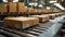 Cardboard boxes on a conveyor belt in a warehouse illustrate streamlined logistics and shipping processes