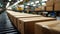 Cardboard boxes on a conveyor belt in a warehouse illustrate streamlined logistics and shipping processes