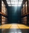 Cardboard boxes in large industrial warehouse, generative ai