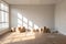 Cardboard boxes loaded with household stuff in a bright empty room at a moving day. Moving boxes stacked on the floor in empty