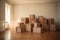 Cardboard boxes loaded with household stuff in an empty room at a moving day. Moving boxes stacked on the floor in empty room