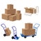 Cardboard boxes and luggage carts, twine, stretch wrap and scotch tape