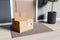 Cardboard boxes at modern house entrance. Online delivery and purchase concept.