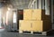 Cardboard boxes on Wooden Pallet with Worker Driving Electric Forklift Pallet Jack Unloading at The Warehouse. Package Boxes.