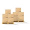 Cardboard boxes on wooden pallets. Carton parcel for storage and cargo with barcode and pictograms and text stickers.