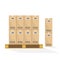 Cardboard boxes on wooden pallets. Carton parcel for storage and cargo with barcode and pictograms and text stickers.