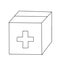 Cardboard carton box with medical cross isolated on white background. simple outline vector illustration in doodle style. Concept