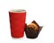 Cardboard cup of coffee and tasty muffin