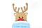 Cardboard cutout of Rudolph the red-nosed reindeer peeking while wearing a face mask. Covid during Christmas season concept.