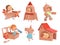 Cardboard kids playing. Childrens games with paper containers making airplane car and ship vector characters in cartoon