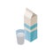 Cardboard package and glass of natural milk for breakfast. Healthy beverage. Isometric vector element for advertising