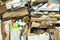 Cardboard and paper, a pile of garbage. Separate collection. Background. Space for text