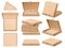 Cardboard pizza box. Realistic craft paper food packing template, open, closed, different viewing angles, single objects, stacks