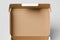 Cardboard postal, mailing box mockup with opened lid, closeup