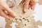 Cardboard puzzles in female hands, close up