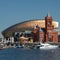 Cardiff Bay skyline, taken from the water, showing the Millennium Centre, Pierhead Building and other buildings on the harbour