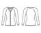 Cardigan Sweater technical fashion illustration with rib V- neck, long raglan sleeve, button closure slim fit, knit trim