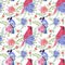 Cardinals and bluejays on rose blossoms- Seamless birds watercolor background