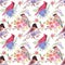 Cardinals juncos and waxwings on rose blossoms- Seamless birds watercolor background