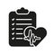 Cardiology Diagnostic Document. Diagnosis Report Silhouette Icon. Patient Medical Record Glyph Pictogram. Health