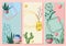 Cards with cactuses and succulents. Decorative spiky flowering cacti and plants in flowerpots.