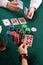 Cards, colorful poker chips and alcohol