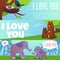 Cards or flyers with loving animals mothers and kids, flat vector illustration.
