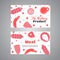 Cards with meat products. Flat meat farm elements. Butcher promo banners, cards, brochure, sale, promotion. Vector