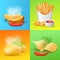 Cards with various fried and cooked potato realistic vector illustration.