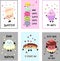 Cards for your holiday cupcakes with cream, ice cream with waffle cones, Kawai popsicles with pink cheeks and winking eyes, pastel