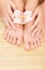 Care for beautiful woman skin and nails. Pedicure and manicure at beauty salon. Woman legs, hands with white orhid flower on