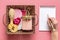 Care box Set of eco-friendly cosmetics Bath salt, wooden comb, pumice stone, aroma candles, handmade soap in shape of heart,