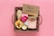 Care box Set of eco-friendly cosmetics Bath salt, wooden comb, pumice stone, aroma candles, handmade soap in shape of heart,