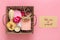 Care box Set of eco-friendly cosmetics Bath salt, wooden comb, pumice stone, aroma candles, handmade soap in shape of heart,