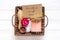 Care box Set of eco-friendly cosmetics Bath salt, wooden comb, pumice stone, aroma candles, handmade soap in shape of heart,