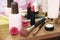 Care and decorative cosmetics, face lotion, body cream, lip gloss, lipstick, makeup a brushes